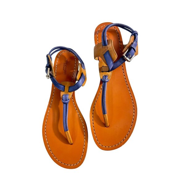 Coach Clarkson Leather T-Strap Sandals Blue /Tan size 8 B - Picture 1 of 5